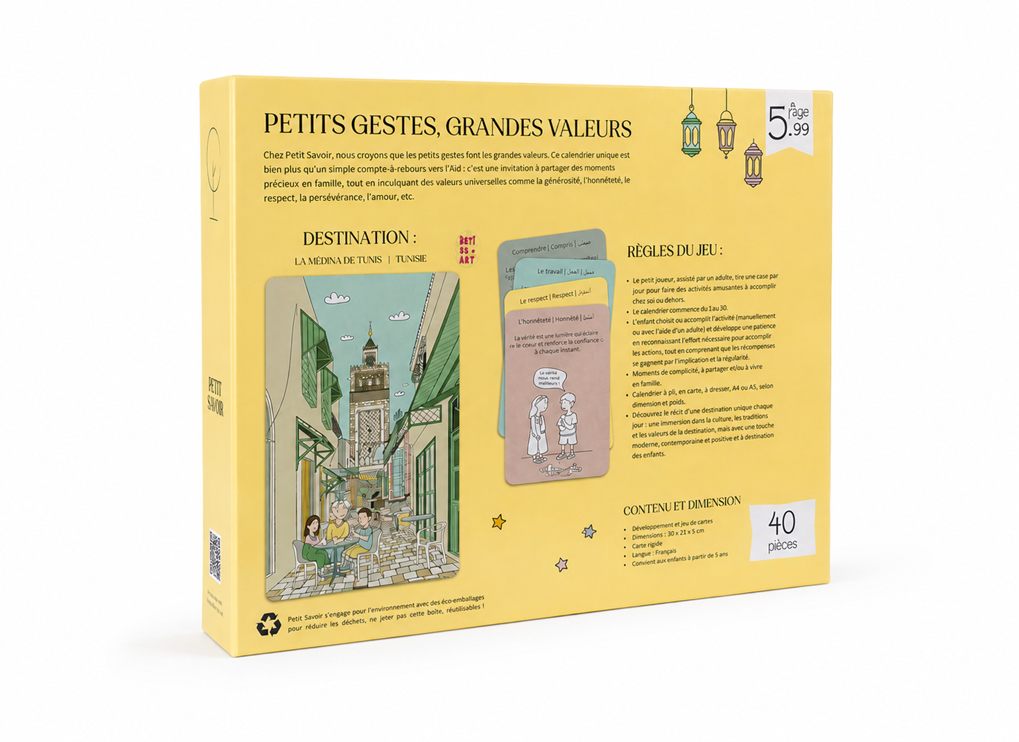 Dos du calendrier Ramadan enfant Petits Gestes Grandes Valeurs avec règles du jeu et puzzle Médina de Tunis